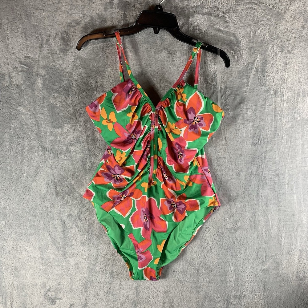 Sanctuary Swim Women's Swimsuite XL One Piece Shirred Front Floral Print Green
